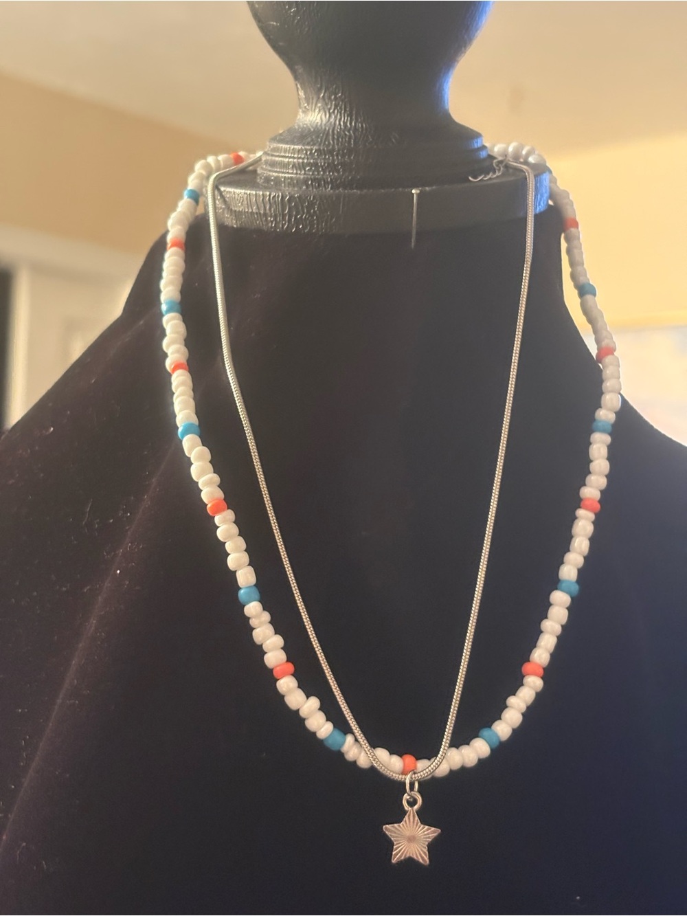 Beaded White, Blue & Coral Star Pendant Necklace - Women Jewelry